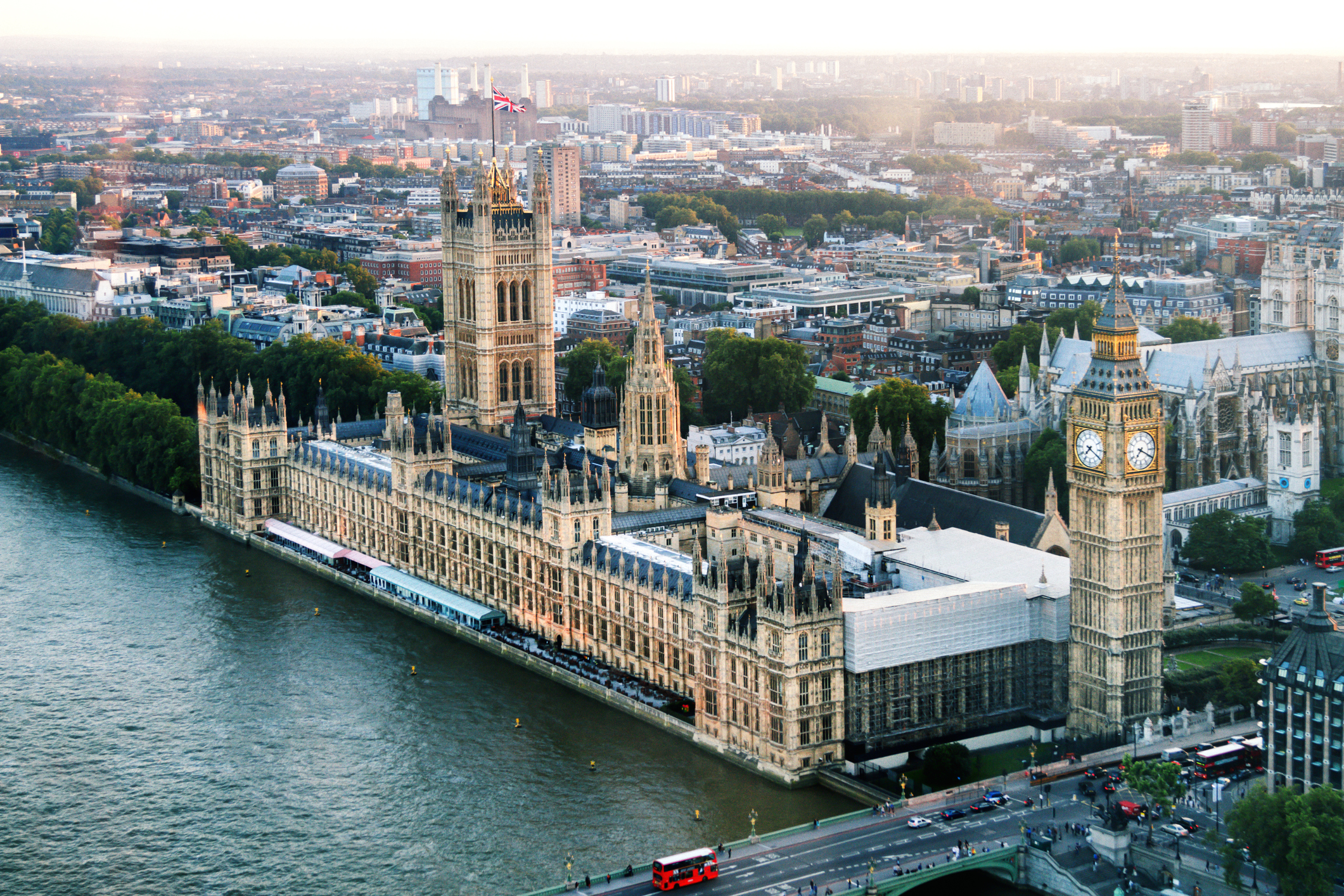 Big Ben and Houses of Parliament On River Thames, Dusk